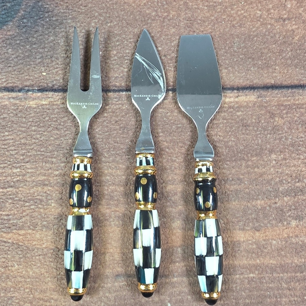 MacKenzie-Childs Cheese Knife Set OS Black White Good Courtly Check 3pc Set